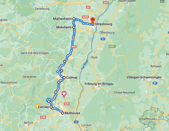 Itinéraire à vélo sur la route des vins d'Alsace de Mulhouse à Strasbourg